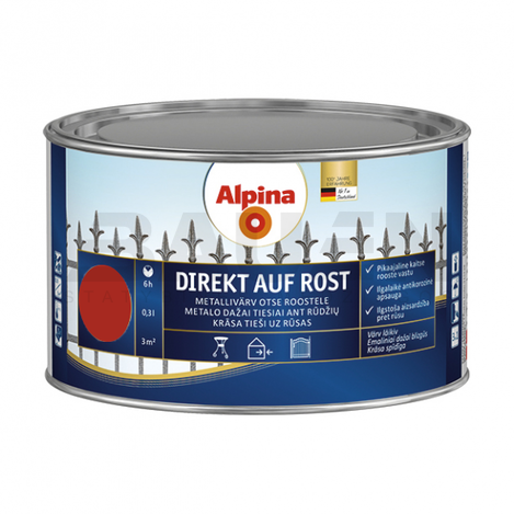 Dažai | Antikoroziniai metalo dažai ALPINA DIREKT AUF ROST, raudona, RAL3000, 300 ml.