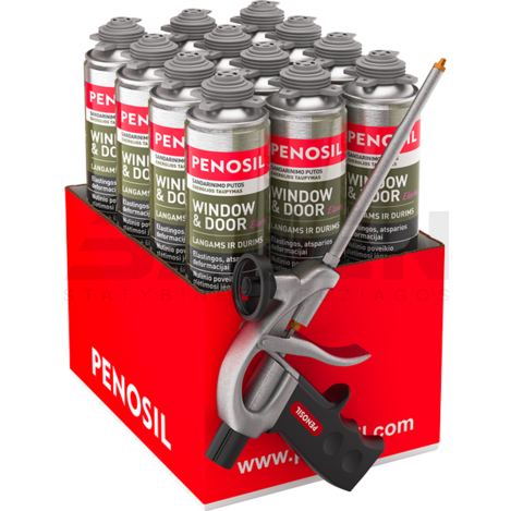 Komplektas PENOSIL Window & Door Elastic elastingos langų ir durų sandarinimo putos (12vnt. x 750ml) + putų pistoletas