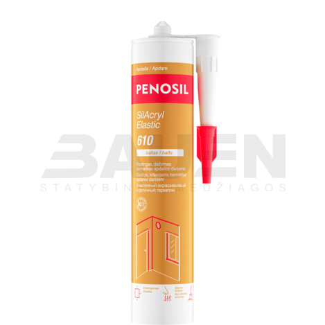Elastingas, silikonizuotas dažomas hermetikas PENOSIL SilAcryl Elastic 610, baltas, 300 ml