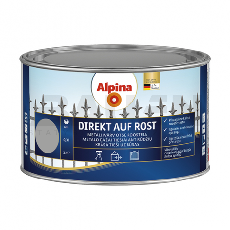 Dažai | Antikoroziniai metalo dažai ALPINA DIREKT AUF ROST, sidabro, RAL9006, 300 ml.