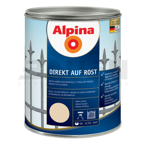 Dažai | Antikoroziniai metalo dažai ALPINA DIREKT AUF ROST, dramblio kaulo sp., RAL1015, 750 ml.