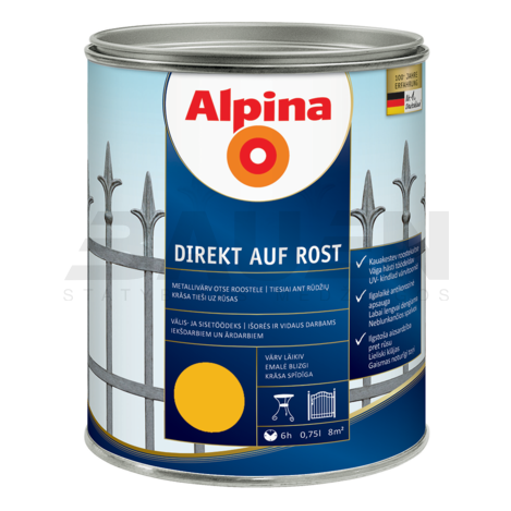 Dažai | Antikoroziniai metalo dažai ALPINA DIREKT AUF ROST, geltoni, RAL1021, 750 ml.