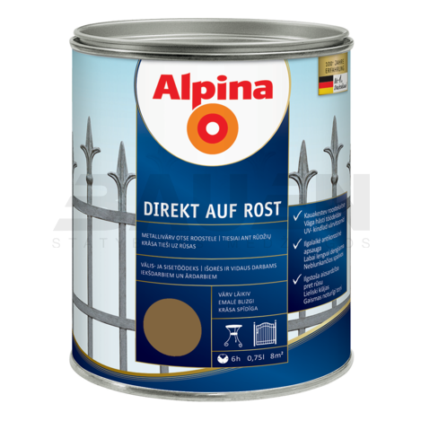 Dažai | Antikoroziniai metalo dažai ALPINA DIREKT AUF ROST, aukso sp., RAL1036, 750 ml.