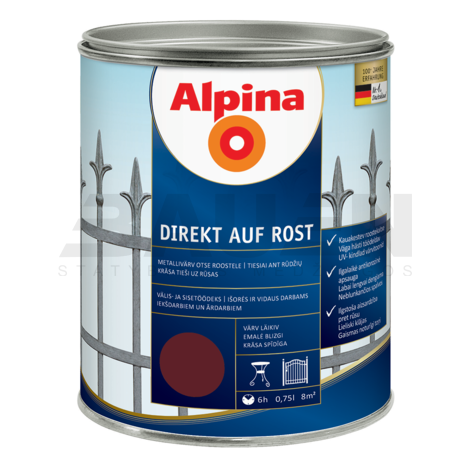 Dažai | Antikoroziniai metalo dažai ALPINA DIREKT AUF ROST, vyno raudonumo, RAL3005, 750 ml.