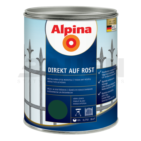 Dažai | Antikoroziniai metalo dažai ALPINA DIREKT AUF ROST, žali, RAL6005, 750 ml.