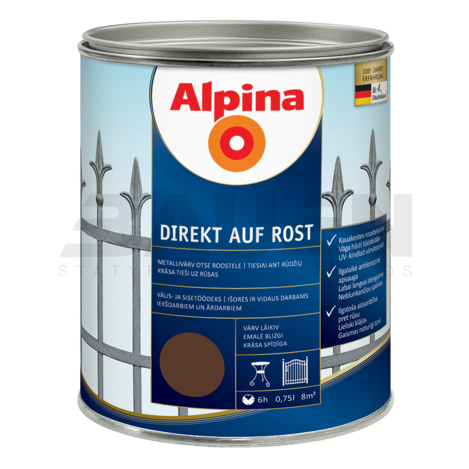 Dažai | Antikoroziniai metalo dažai ALPINA DIREKT AUF ROST, rudi, RAL8011, 750 ml.