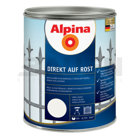 Dažai | Antikoroziniai metalo dažai ALPINA DIREKT AUF ROST, balti, RAL9016, 750 ml.