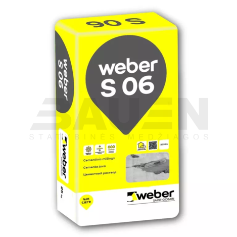 Betono mišiniai | Cementinis mišinys WEBER S 06, betono paviršių remontui ir lyginimui nuo 2 iki 10 mm., 25 Kg.
