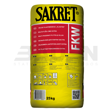 Plytelių klijai | Klijai plytelėms SAKRET FKW, balti, 25 Kg.