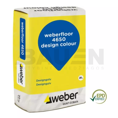 Grindų mišiniai | Spalvotos cementinės liejamos grindys galutinei dangai WEBER 4650, 5-15 mm., G20 (šv. pilka), 20 Kg.