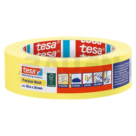 Dažymo juostos | Dažymo juosta tiksliems darbams TESA Precision Mask (4334), vidaus ir lauko darbams, 50 m x 30 mm., 6 mėn.