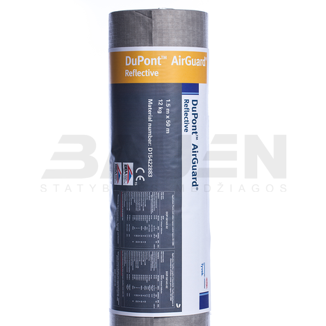 Garo izoliacinės plėvelės | DuPont™ Tyvek® AirGuard Reflective – Garo Izoliacinė Plėvelė su Šilumą Atspindinčiu Paviršiumi (75 m²/rul.)
