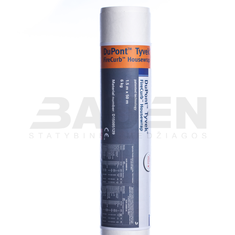 Vėjo izoliacinės plėvelės | DuPont™ Tyvek® FireCurb™ Housewrap – Nedegi Kvėpuojanti Membrana Sienoms (75 m²/rul.)